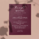 Bourgondisch repetitiediner | Nacht voor elegante Menu<br><div class="desc">Voeg een vleugje klassieke elegantie toe aan uw repetitiediner met deze diepe bordeauxkaart. Ontworpen voor "The Night Before" uw bruiloft, deze minimalistische rode wijn lay-out beschikt over rijke kleuren en schone typografie voor een moderne maar tijdloze look. De diepe bordeauxrode en pruimkleurige toon maakt het vooral geschikt voor herfst- of...</div>