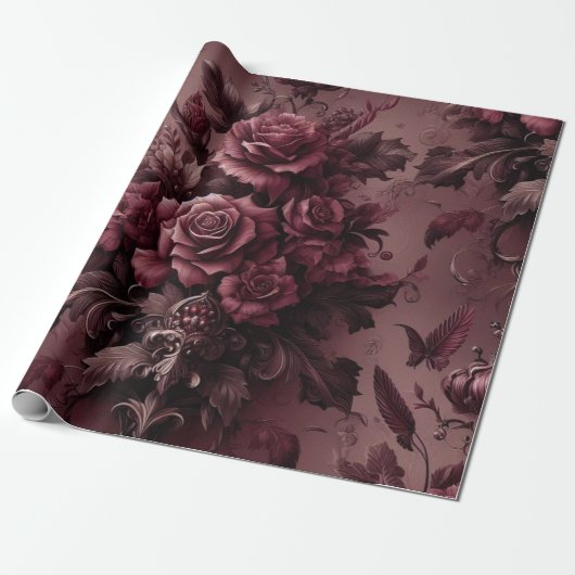 Bourgondisch rood bloemencadeau inpakpapier (Uitgerold)