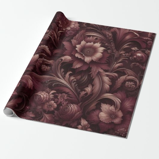 Bourgondisch rood bloemencadeau inpakpapier (Uitgerold)