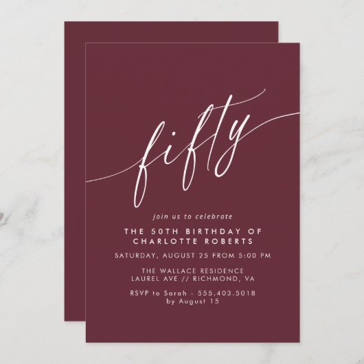 Bourgondisch rood | Elegant Script Maroon 50e verj Kaart (Voorkant / Achterkant)