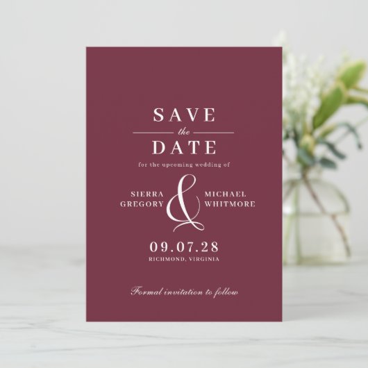 Bourgondisch rood | Romantische Maroon  Typografie Save The Date (Staand voorkant)