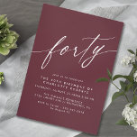 Bourgondisch rood | Vet Donker Maroon 40e verjaard Kaart<br><div class="desc">Moderne stijl 40e verjaardag uitnodigingen met kop "veertig" tekst in een script lettertype. Wit lettertype op een dieprode achtergrond.</div>