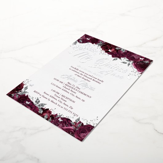 Bourgondisch Roos Mis Quince Quinceanera Folie Uitnodiging (Gedraaid)