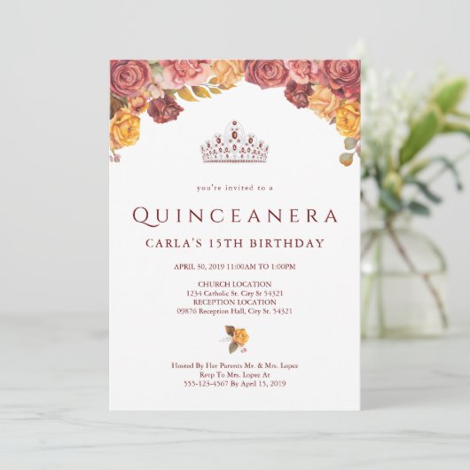 Bourgondisch Roos | Uitnodigingen voor Quinceanera (Staand voorkant)