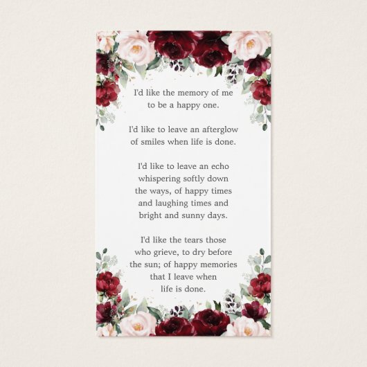 Bourgondisch roze bloemrijke begrafenis Bladwijzer Visitekaartje (Achterkant)