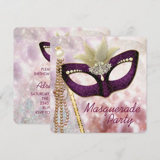 Bourgondisch Roze Maskerade Party Kaart (Voorkant / Achterkant)