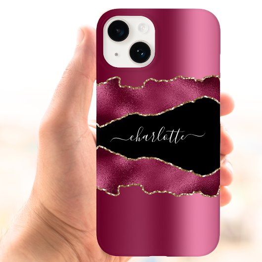 Bourgondisch roze zwarte agaat marmeren naamschrif Case-Mate iPhone case