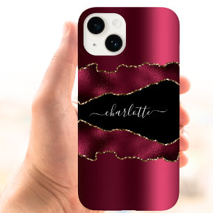 Bourgondisch zwart goud agaat marmeren naamschrift Case-Mate iPhone 14 hoesje