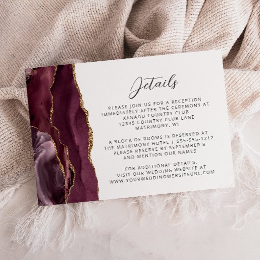 Bourgondische Agaat Gold Script Wedding Details Informatiekaartje