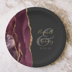 Bourgondische agaat marmer gouden script bruiloft papieren bordje