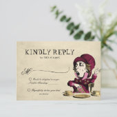 Bourgondische Alice in Wonderland Mad Hatter bruil RSVP Kaartje (Staand voorkant)