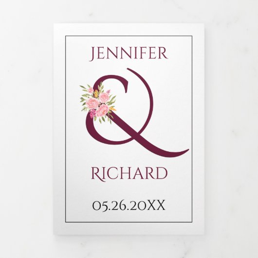 Bourgondische ampersand met roze rozen bruiloft drieluik uitnodiging (Cover)