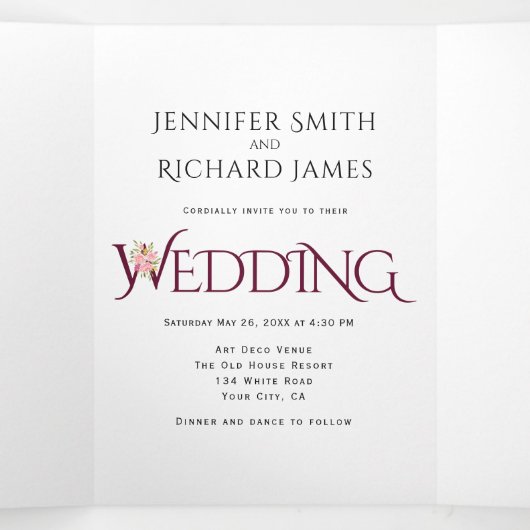 Bourgondische ampersand met roze rozen bruiloft drieluik uitnodiging (Binnenkant midden)