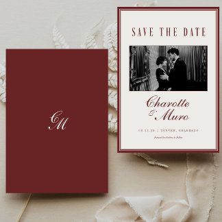 Bourgondische antieke trouwfoto met oude geldstijl save the date