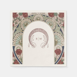 Bourgondische Art Nouveau Monogram Initiaal Navy Servet