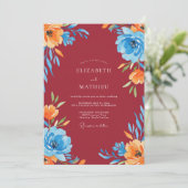 Bourgondische Azure Bloom Bruiloft Kaart (Staand voorkant)