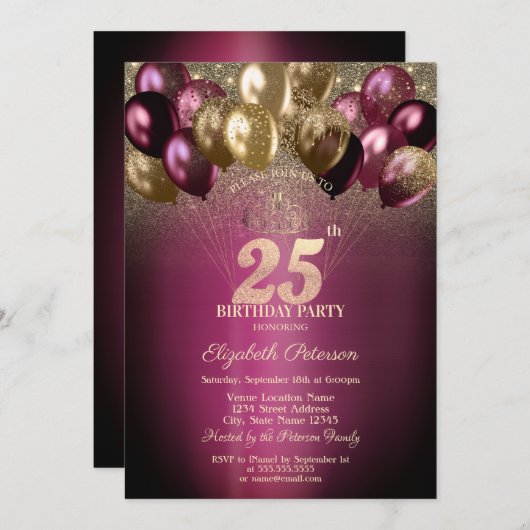Bourgondische ballonnen glitter 25e verjaardag kaart (Voorkant / Achterkant)