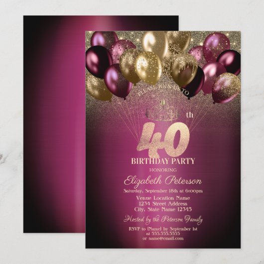Bourgondische ballonnen Glitter 40e verjaardag Kaart (Voorkant / Achterkant)