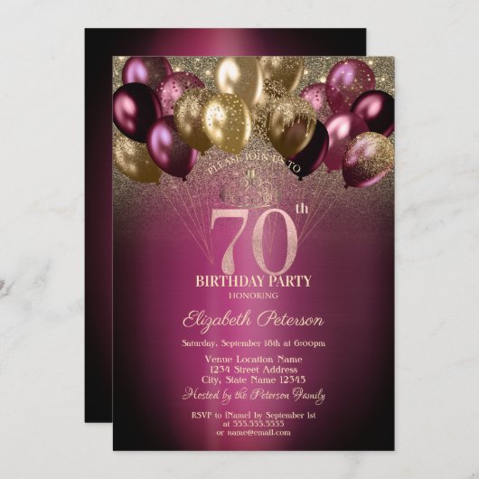Bourgondische ballonnen Glitter 70e verjaardag Kaart (Voorkant / Achterkant)