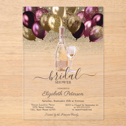 Bourgondische ballonnen wijnset Glitter Vrijgezell Acryl Uitnodigingen (Voorkant)
