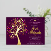 Bourgondische Bat Mitzvah Boom des Levens Schrift Folie Uitnodiging (Staand Voorkant)