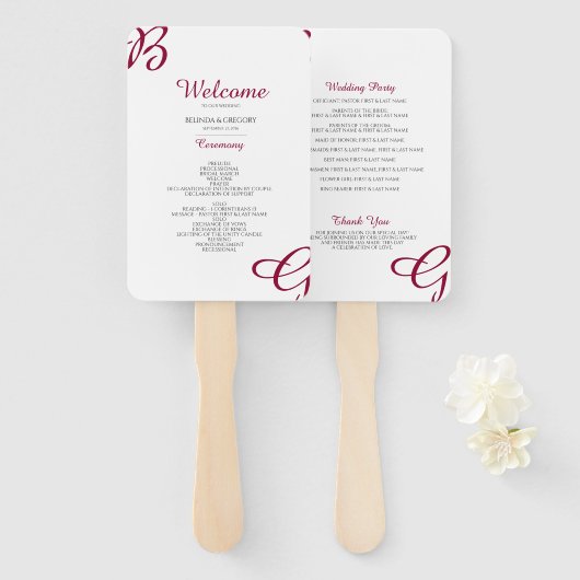 Bourgondische Beginletters Herfst Bruiloftsprogram Handwaaier (Voorkant en achterkant)