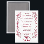 Bourgondische Bells Scrollwork Wedding Sla de datu Magneet<br><div class="desc">Trouwen slaan de datum magneet klokken ontwerp. Pas deze rode bruiloft aan en sla de datummagneet op met uw trouwgegevens. Mocht u hulp nodig hebben bij het aanpassen, neem dan contact met ons op via de link op deze pagina. Bourgogne gekleurde klokken ontwerp gepersonaliseerde bruiloft opslaan van de datum magneet...</div>