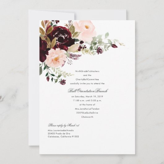 Bourgondische bes en blozende bloemenbal kaart (Voorkant)