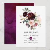 Bourgondische Bes en Blush Bloem Bruiloft Save The Date (Voorkant / Achterkant)