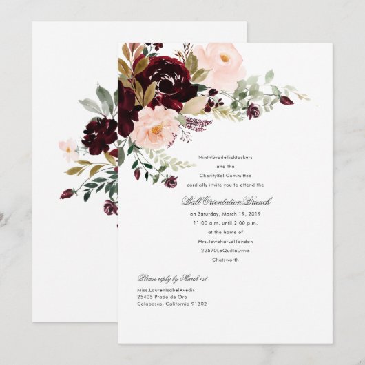 Bourgondische bes- en roze bloemenbal kaart (Voorkant / Achterkant)