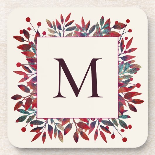 Bourgondische bessen en herfstbladeren monogram bier onderzetter (Voorkant)