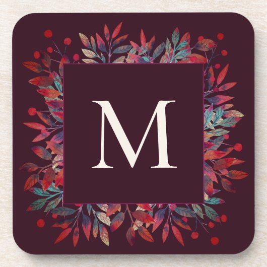 Bourgondische bessen en herfstbladeren monogram bier onderzetter (Voorkant)