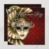 Bourgondische Black Gold Masquerade Party Kaart (Voorkant / Achterkant)