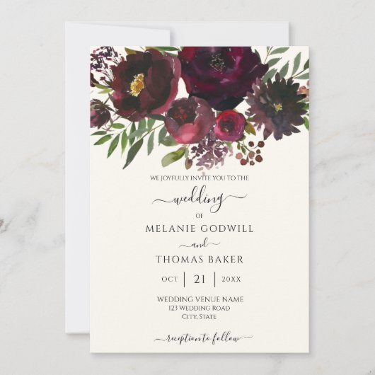 Bourgondische bloem botanische elegante luxe trouw kaart (Voorkant)