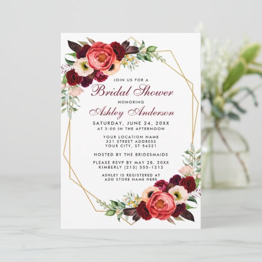 Bourgondische bloem bruiloft boho uitnodiging W (Staand voorkant)