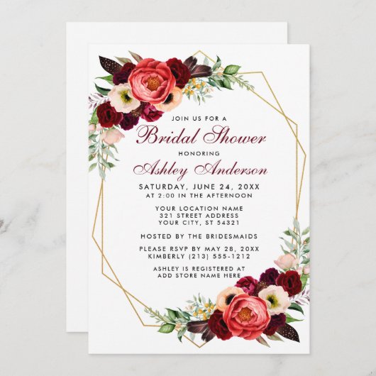 Bourgondische bloem bruiloft boho uitnodiging W (Voorkant / Achterkant)