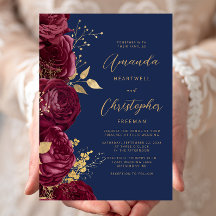 Bourgondische bloem goud script Navyblauw bruiloft
