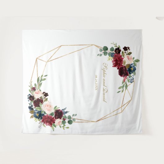 Bourgondische bloem gouden bruiloftsfotocabine ach wandkleed (Voorkant (horizontaal))