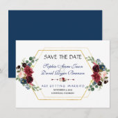 Bourgondische bloem gouden zeshoek frame save the  date (Voorkant / Achterkant)