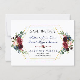 Bourgondische bloem gouden zeshoek frame save the  date