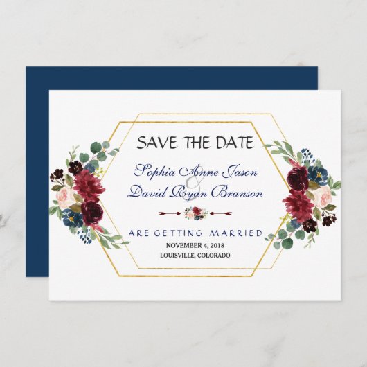 Bourgondische bloem gouden zeshoek frame save the  save the date (Voorkant / Achterkant)