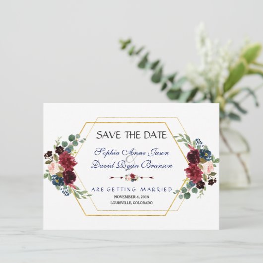 Bourgondische bloem gouden zeshoek frame save the  save the date (Staand voorkant)