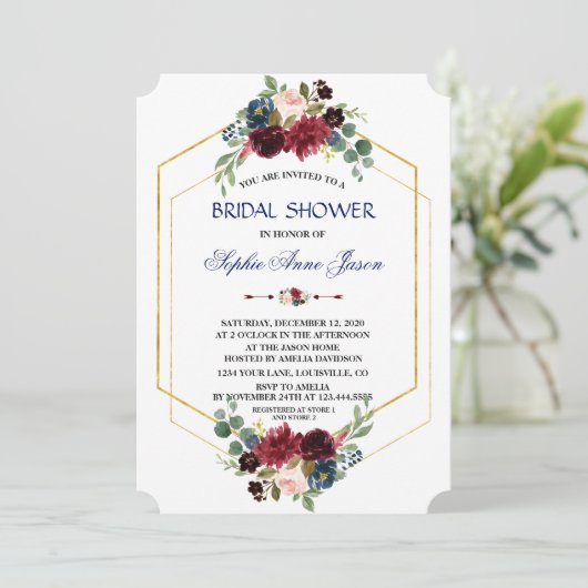 Bourgondische bloem gouden zeshoekige frame bruids kaart (Staand voorkant)