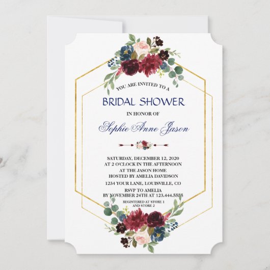 Bourgondische bloem gouden zeshoekige frame bruids kaart (Voorkant)