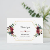 Bourgondische bloem gouden zeshoekige lijst bedankkaart (Staand voorkant)