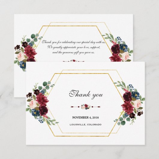 Bourgondische bloem gouden zeshoekige lijst bedankkaart (Voorkant / Achterkant)