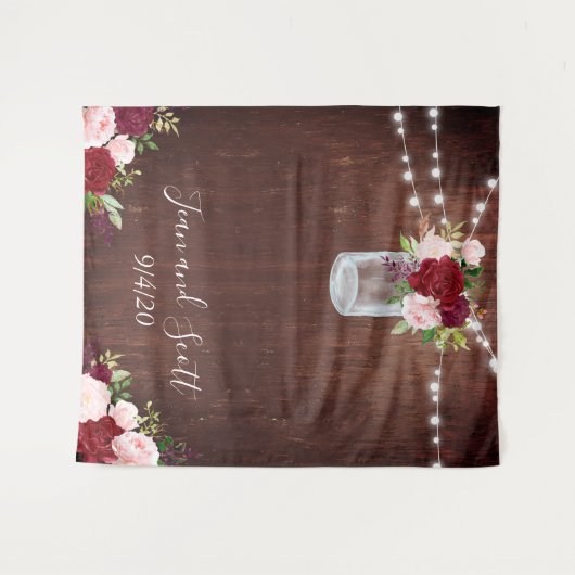 Bourgondische Bloem Mason Jar Trouwjurk Houten Lic Wandkleed (Voorkant (horizontaal))