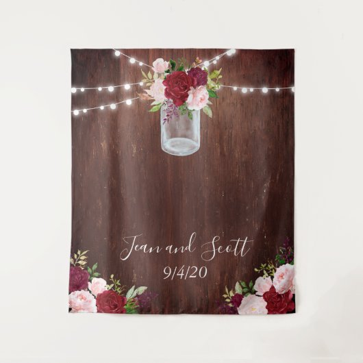 Bourgondische Bloem Mason Jar Trouwjurk Houten Lic Wandkleed (Voorkant)