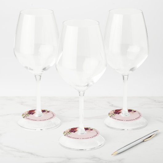 Bourgondische bloem roze bruiloft wijnglaslabel (Set)