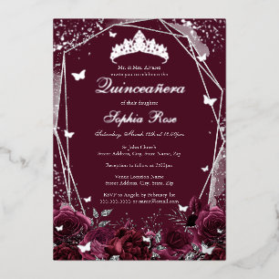 Bourgondische Bloem Tiara Zilver Quinceanera  Folie Uitnodiging